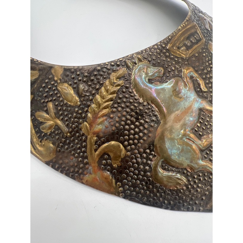 Vintage Brass Heraldic Gorget Collar Necklace Torque Repoussé Horses Shield - Picture 4 of 14